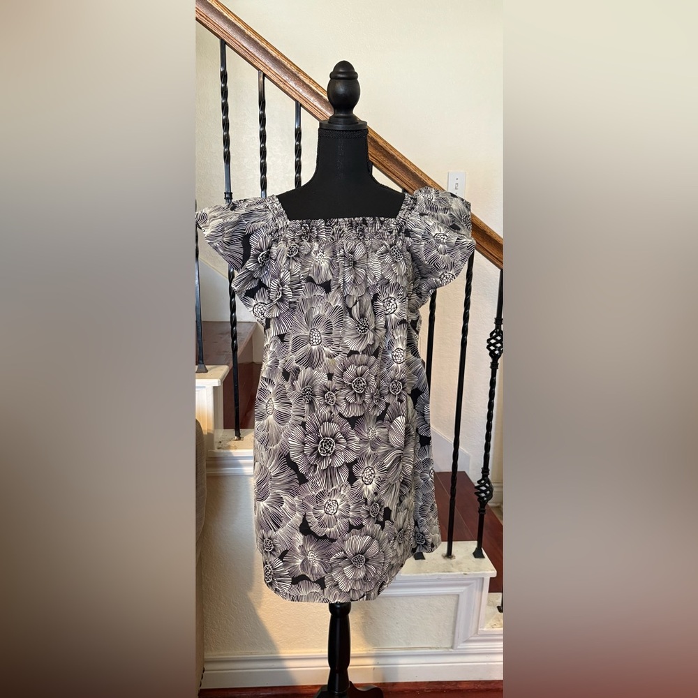 Express: Floral Square Neck Flutter Sleeve Poplin Mini Shift Dress